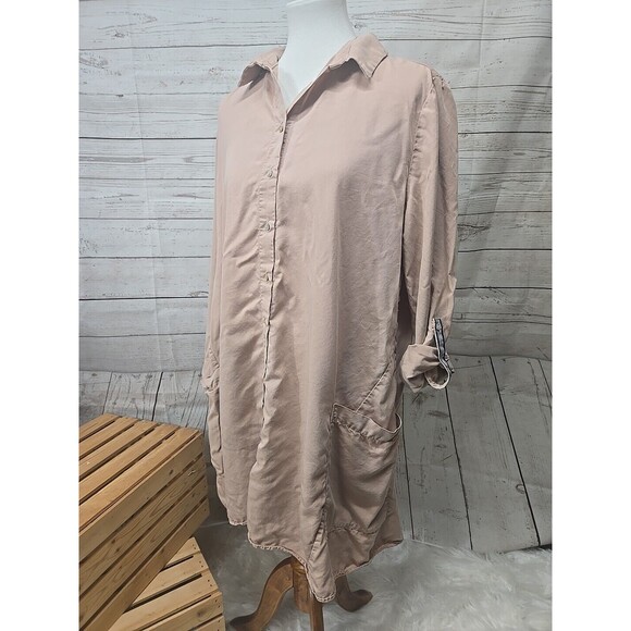 Zara Tencel Peach Button Up Pockets Long Roll Tab Sleeves Women's XL Tunic Dress - Picture 1 of 9